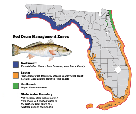 Florida zones for redfish limits. Limits are different based on the areas of the state of Florida.