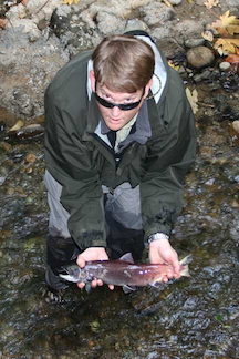 Releasing salmon in stream after tagging.