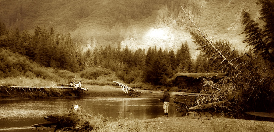 Coho fishing in Alaska on a freshwater stream - sepia.