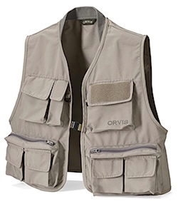 Orvis salmon fishing vest for adults. Color dark sand.