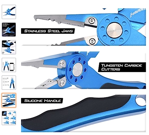 Salmon fishing pliers multi-purpose tool with crimper, light, hook remover, etc.