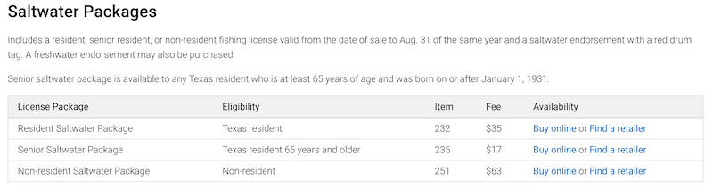 Texas State Saltwater Fishing License information.