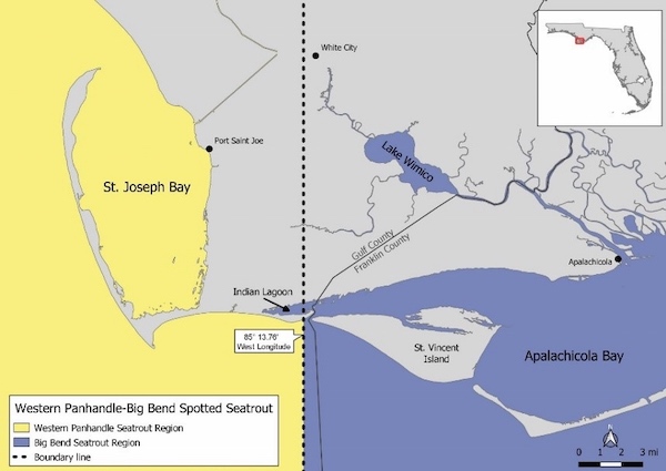 Florida panhandle map showing area of Escambia county where speckled trout may be caught.