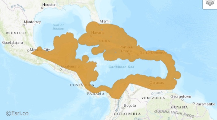 Map showing range of bonefish in Florida, Mexico, and South America.