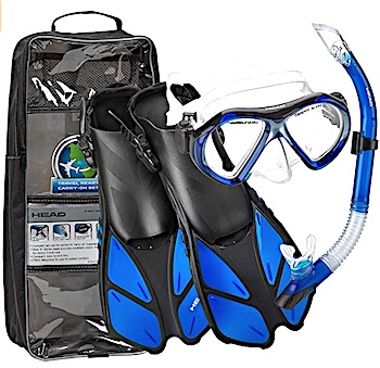 Snorkel set including mask, fins, and snorkel.