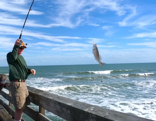 Catching redfish from a fishing pier.