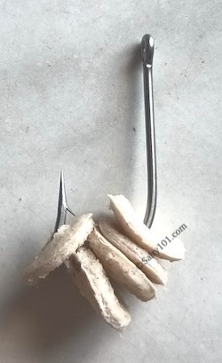 Fishing hook with bread pieces on it for fishing saltwater or freshwater.