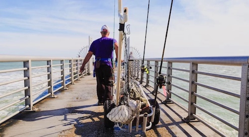 Pier fishing reels, rods, and rig to pull up the pier.