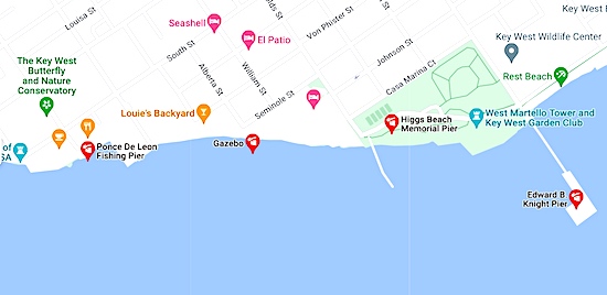 Four main fishing piers in Key West, Florida.