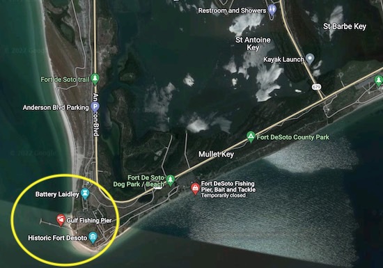 Gulf Fishing Pier area and parking at Ft. De Soto State Park, St. Petersburg, Florida.