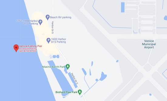 Venice Fishing Pier, Florida map showing beach, pier, parking, and airport.