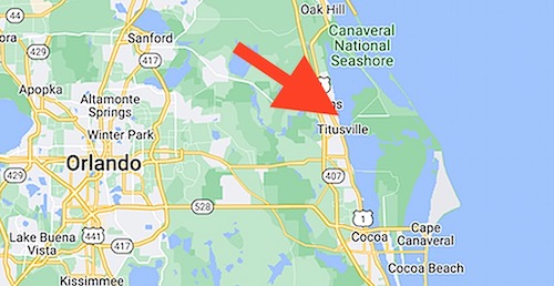 Titusville Veterans Memorial Fishing Pier map showing it east of Orlando, Florida.