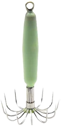 Glowing squid lure with 12 sharp metal prongs to snag squid while they chase the lure.
