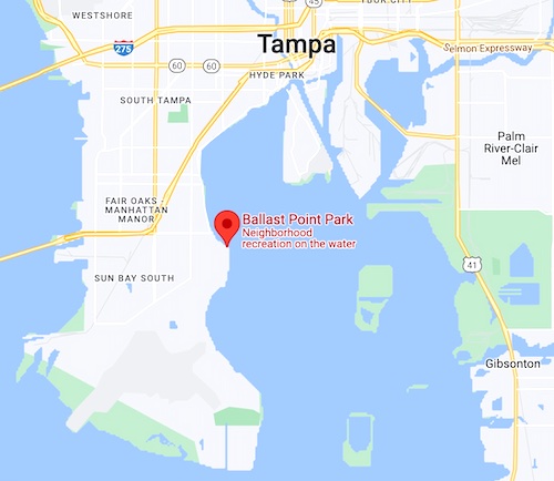Map of Ballast Point Fishing Pier and park in downtown Tampa, Florida.