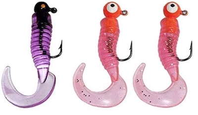 Plastic colorful grubs with weighted jig heads for saltwater and freshwater fishing.