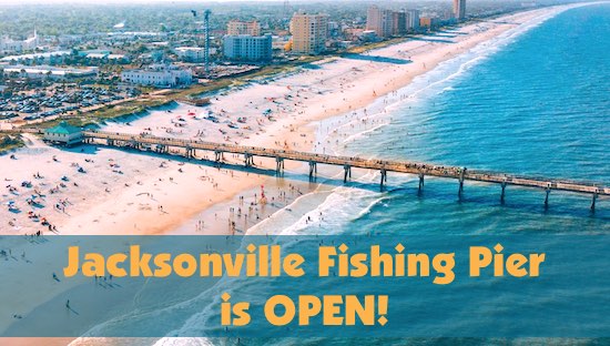 Jacksonville Beach Fishing Pier aerial view showing pier, beach, town.