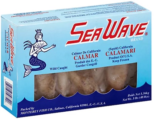 Sea Wave frozen whole raw squid from the Monterey Fish Co. in Salinas, California. Great fishing bait.