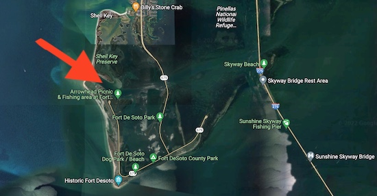 Map of Fort De Soto Park in St. Petersburg, the Arrowhead Picnic and Fishing area.