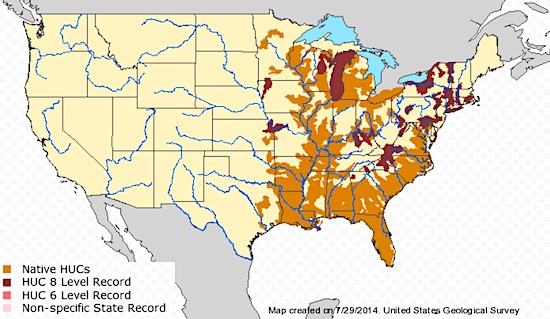 Bowfin range map across USA and Canada.