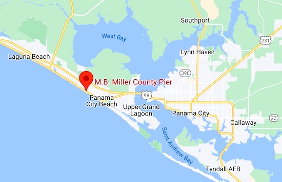 Map of MB Miller County Fishing Pier in Panama City, Florida in the panhandle area close to Laguna Beach and Tyndall AFB.